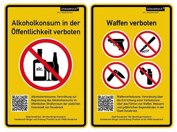 Die Schilder der Alkoholverbotszone und Waffenverbotszone in Osnabrück. 