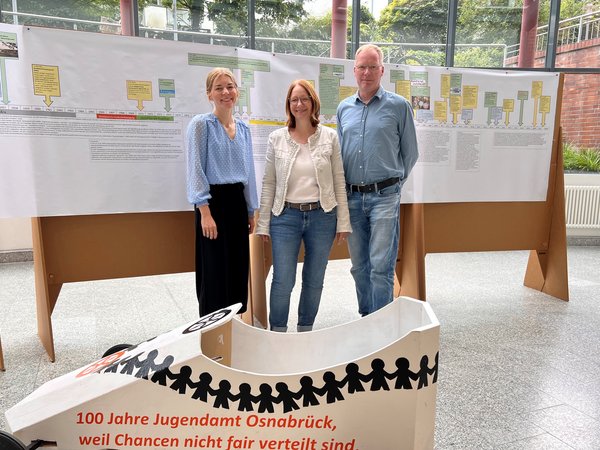 Sophie Altmeppen-Bardelmeier, Kerstin Schlüter und Werner Rohling vom Fachbereich für Kinder, Jugendliche und Familien präsentieren die kleine Ausstellung im Foyer des Stadthauses 1. 